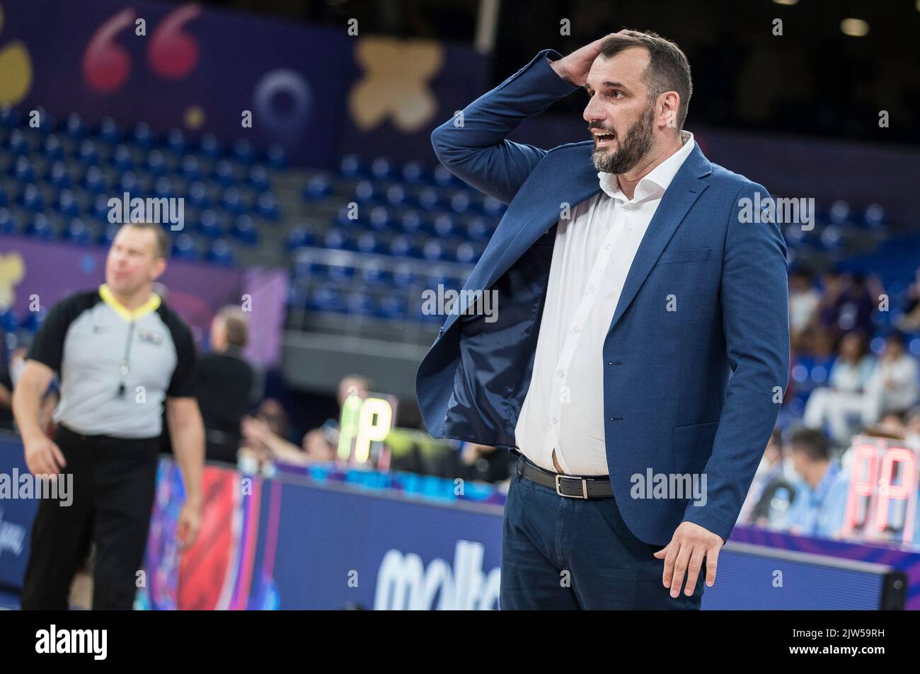 Head Coach Bosko Radovic of Montenegro  pictured during the match between Montenegro and the Belgian Lions, game two of five in group A at the EuroBasket 2022, Saturday 03 September 2022, at the Tbilisi Arena, in Tbilisi, Georgia. The European Basketball Championship takes place from September 1 till September 18.  BELGA PHOTO NIKOLA KRSTIC Stock Photo