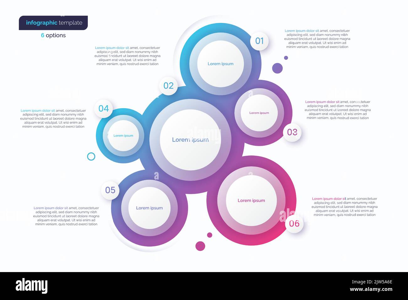 Abstract vector gradient minimalistic infographic template composed of 6 circles Stock Vector