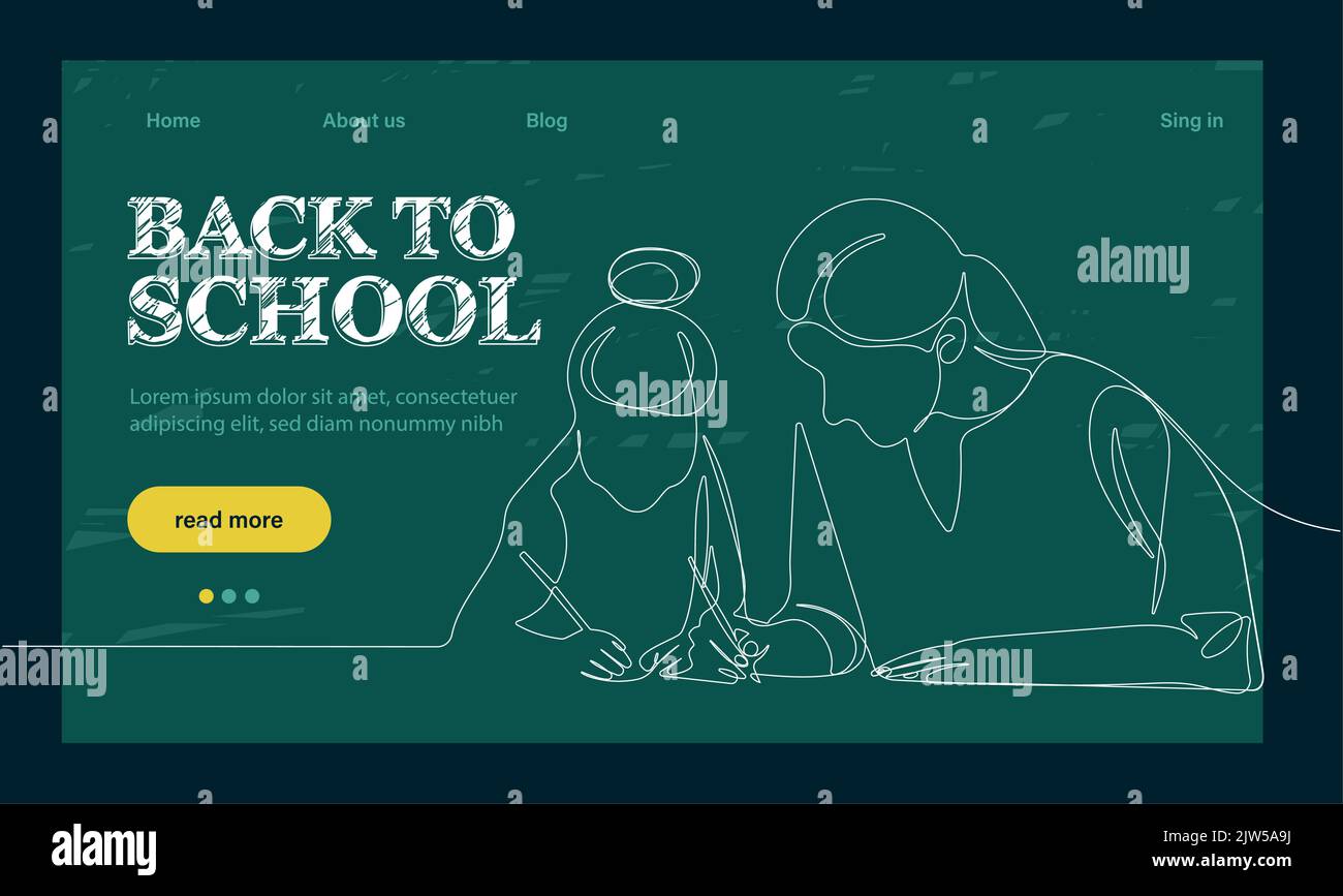 landing page template with globe, glasses and stack of textbooks.Back to school landing page template. Outline web banner on white backdrop. Vector outline illustration. Concept website page. Stock Vector