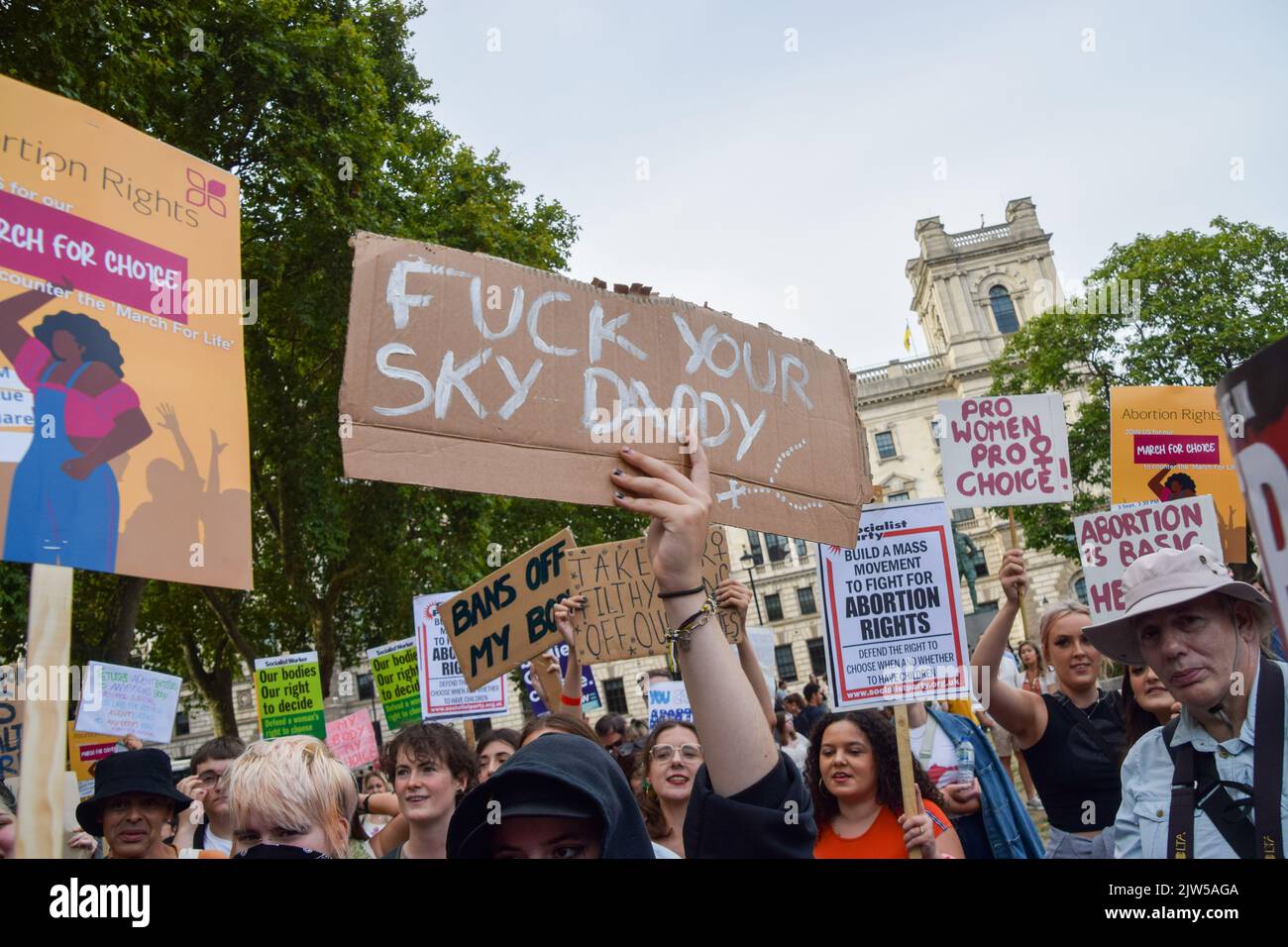 London, UK. 3rd September 2022. A prochoice protester holds a message