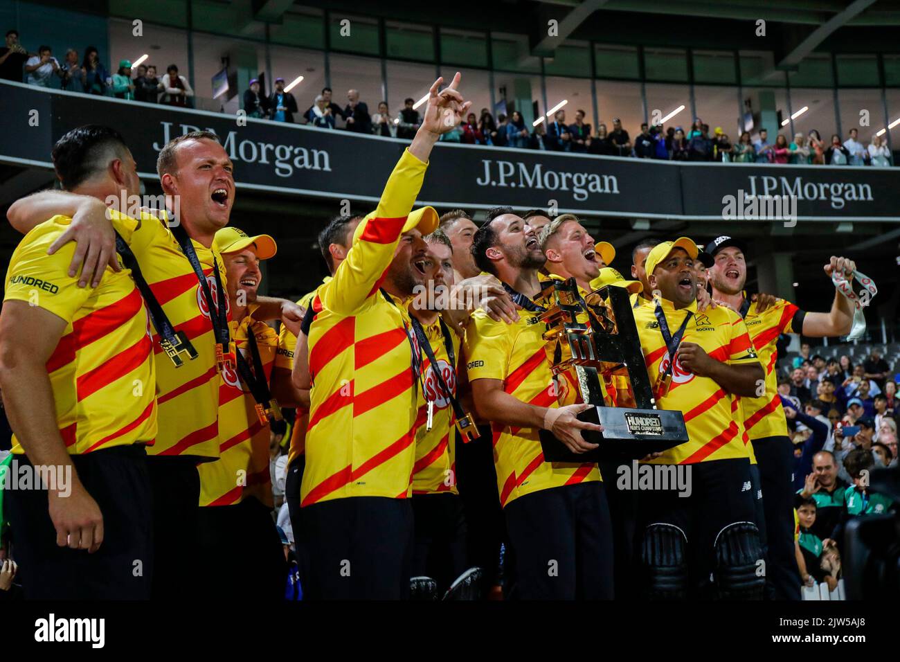 Trent Rockets celebrate with the trophy during the The Hundred Mens Final Trent Rockets v Manchester Originals at Trent Bridge, Nottingham, United Kingdom, 3rd September 2022  (Photo by Ben Whitley/News Images) Stock Photo