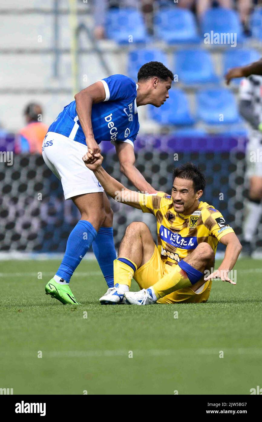 Genk's Andras Nemeth and STVV's Shinji Okazaki pictured during a soccer match between KRC Genk and STVV, Saturday 03 September 2022 in Genk, on day 7 of the 2022-2023 'Jupiler Pro League' first division of the Belgian championship. BELGA PHOTO JOHAN EYCKENS Stock Photo