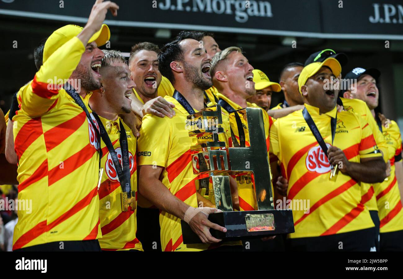 Trent Rockets celebrate with the trophy during the The Hundred Mens Final Trent Rockets v Manchester Originals at Trent Bridge, Nottingham, United Kingdom, 3rd September 2022  (Photo by Ben Whitley/News Images) Stock Photo