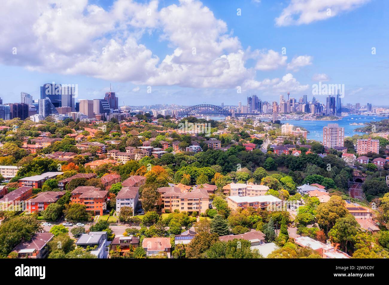Green residential wealthy suburb on Lower North Shore of Sydney in view of major city CBD landmarks - aerial cityscape. Stock Photo