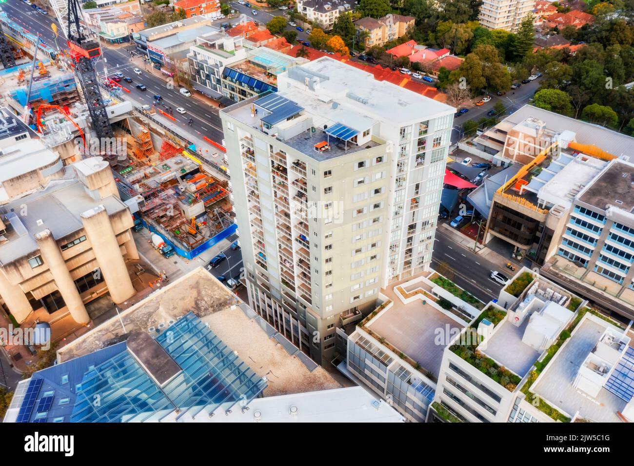 Dense development of high-rise residential apartment building towers around new Crows Nest metro station in Sydney lower north shore suburbs. Stock Photo