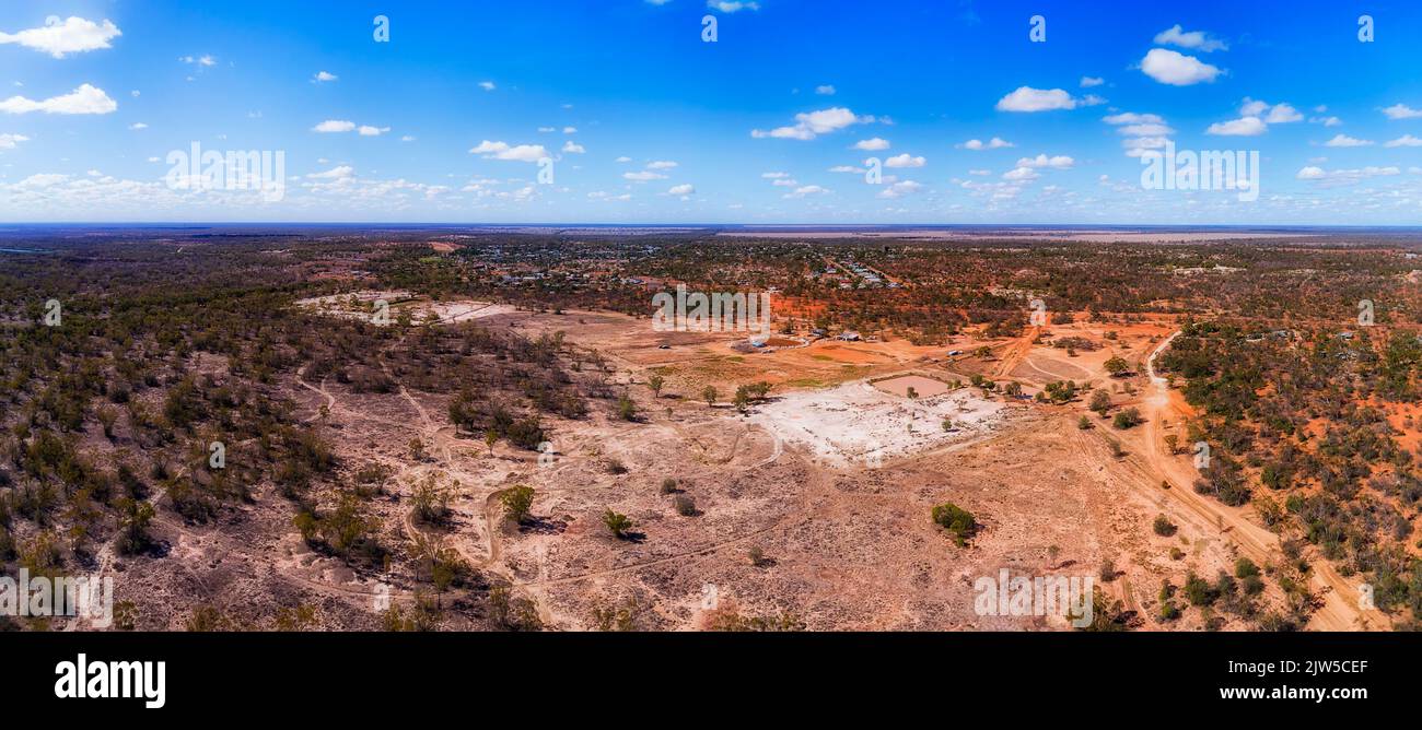 Lightning ridge remote outback town of opal mining industry in NSW, Australia - aerial bushland panorama. Stock Photo