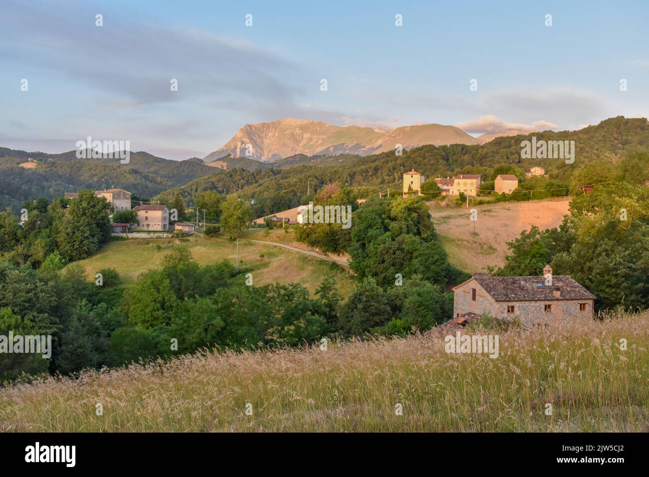 view of Monte Vettore at sunrise, highest mountain of Monti Sibillini national park, Italy Stock Photo