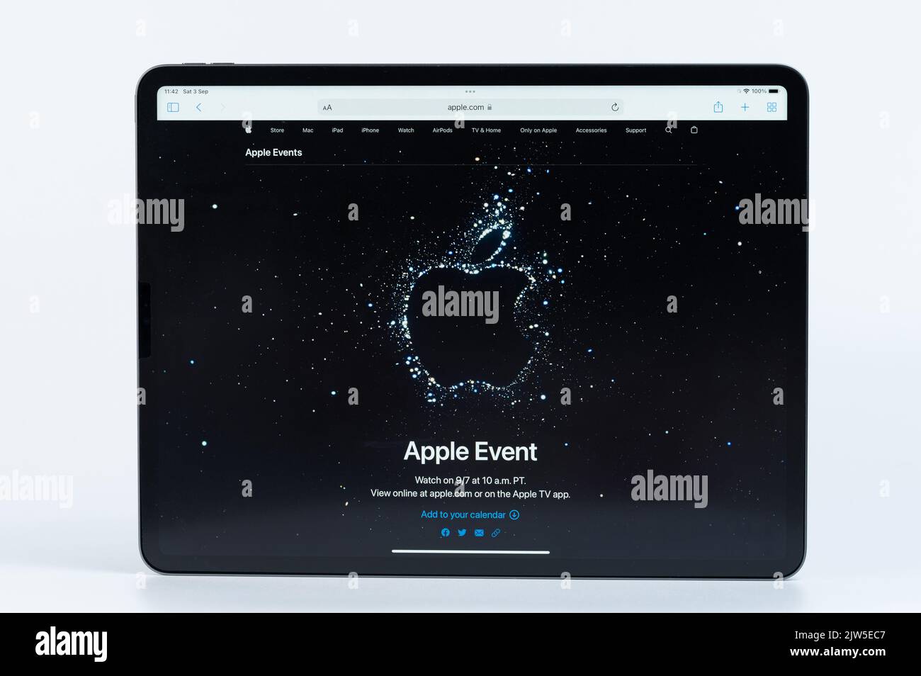 New york, USA - september 3, 2022: New Apple event for revealing new Iphones series on Ipad screen isolated Stock Photo