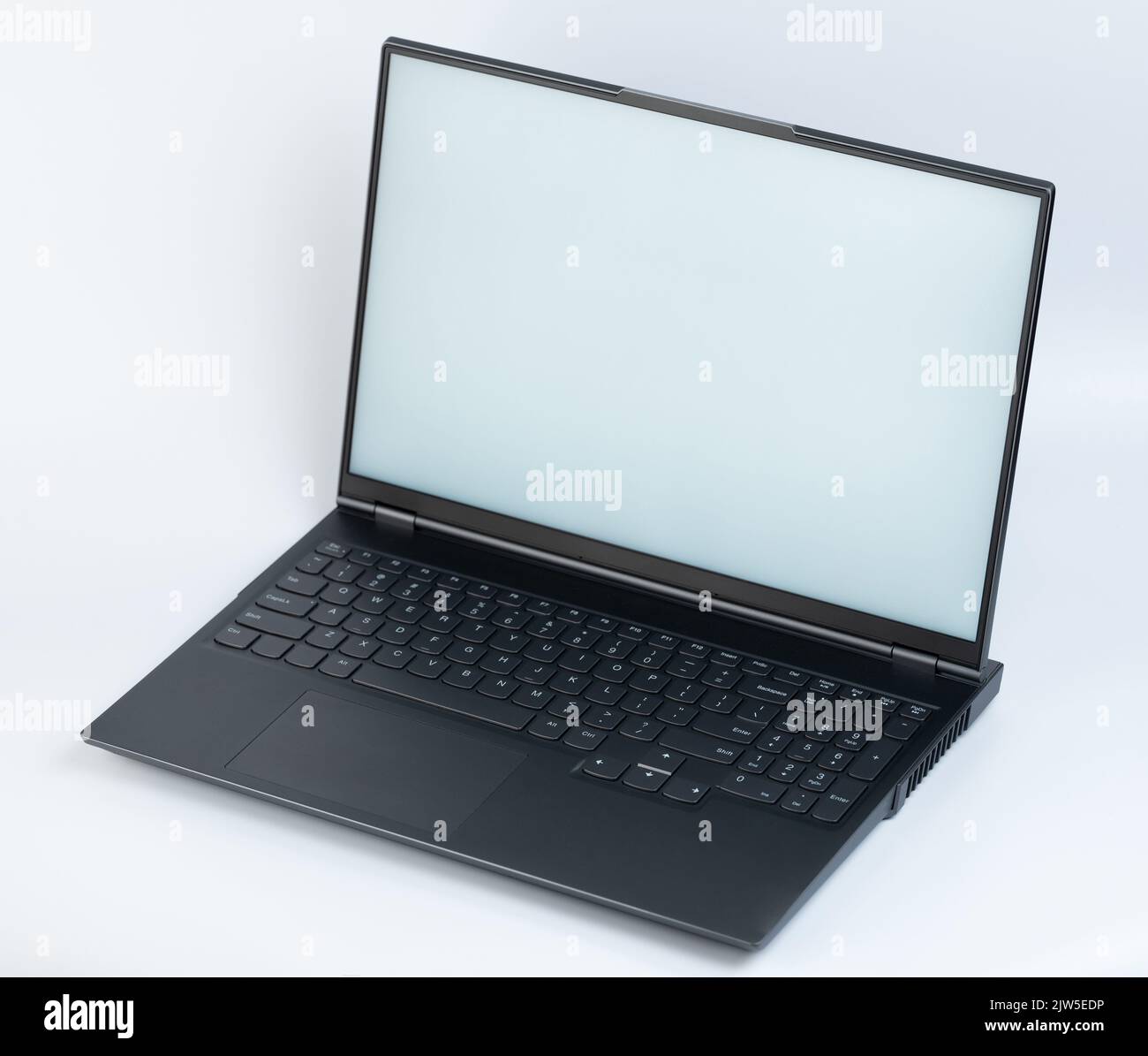 Black color laptop isometric view with open clean screen isolated and full keyboard Stock Photo