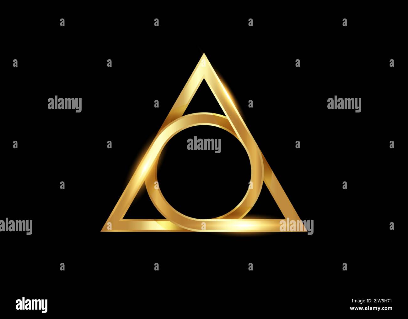 golden sacred geometrical figure of a circle inscribed in a triangle, the gold vector logo design mythological symbol round triangle, magical talisman Stock Vector