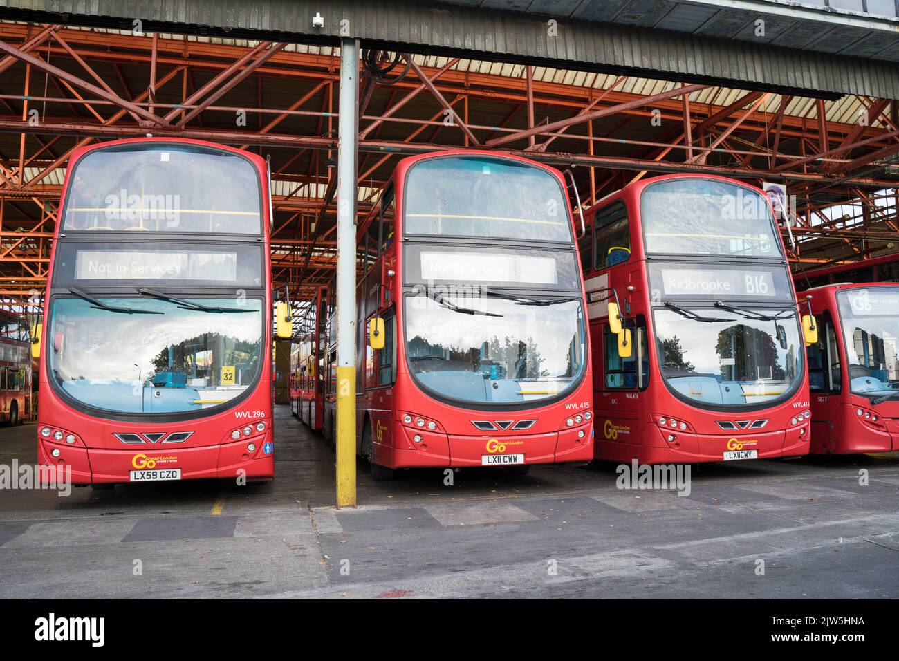 front view of London red buses at depot during august strike action by