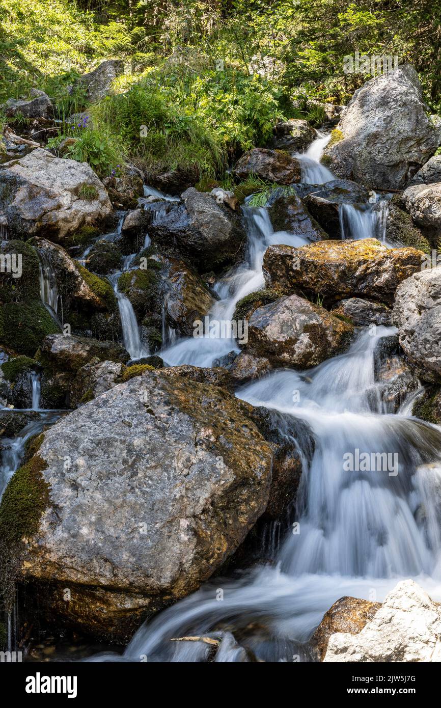 A vertical shot of a small waterfall in Aroser Weisshorn mountains ...