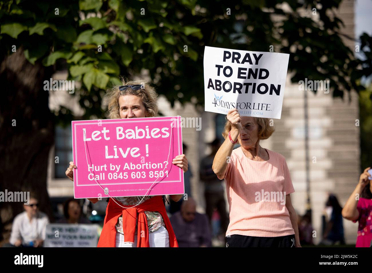 London, UK. 03rd Sep, 2022. Two pro-life advocates seen holding placards at the March for Life rally at Parliament Square. Religious Christians and pro-life advocates march in central London and demand the UK government to end abortion. They believe in life of conception and accuse the implementation of 1967 Abortion Act that has led to more than 10 millions of lives lost in the UK through abortion. Credit: SOPA Images Limited/Alamy Live News Stock Photo