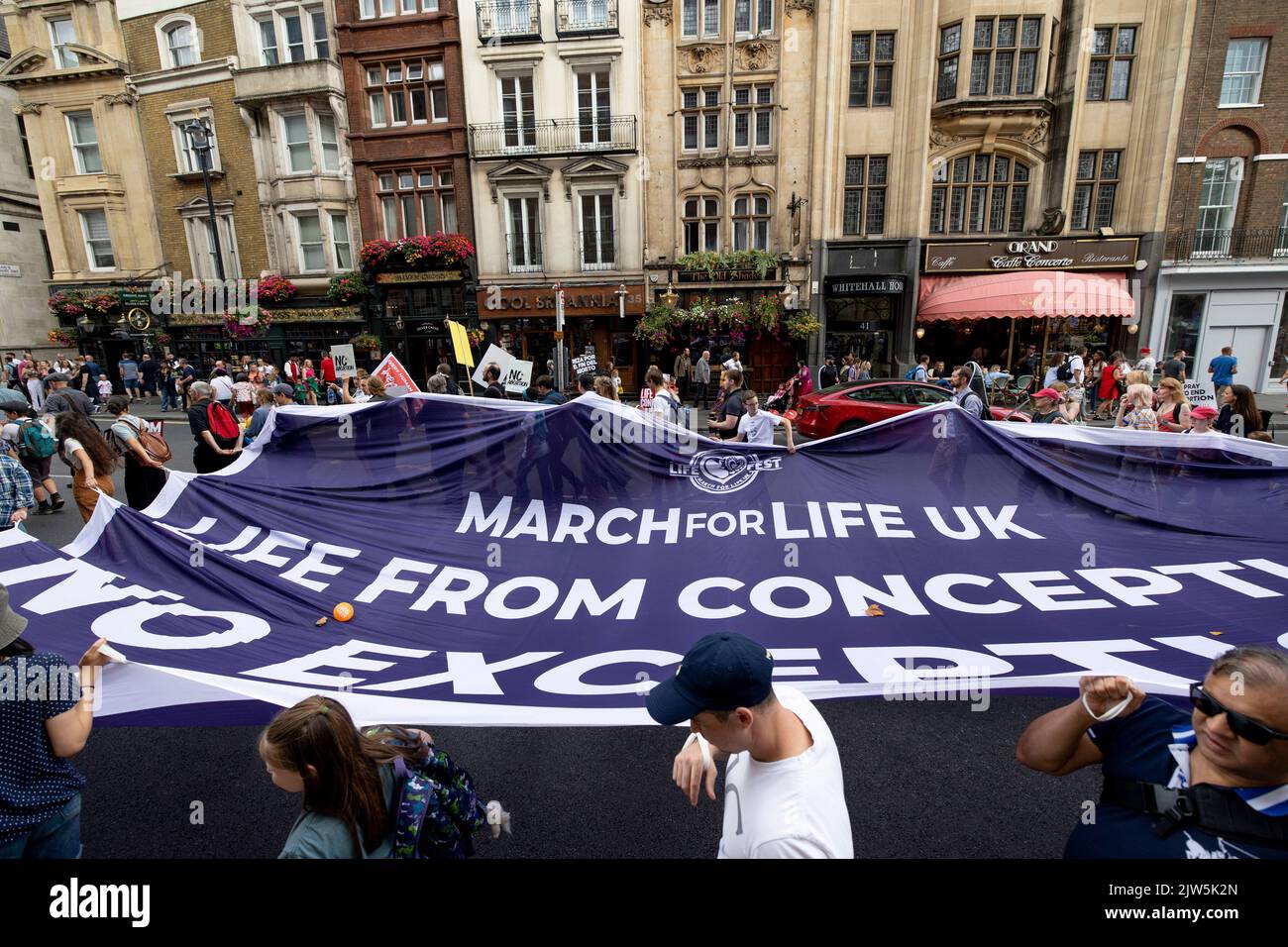 London, UK. 03rd Sep, 2022. Pro-life advocates seen holding a mega banner during the March for Life in central London. Religious Christians and pro-life advocates march in central London and demand the UK government to end abortion. They believe in life of conception and accuse the implementation of 1967 Abortion Act that has led to more than 10 millions of lives lost in the UK through abortion. Credit: SOPA Images Limited/Alamy Live News Stock Photo