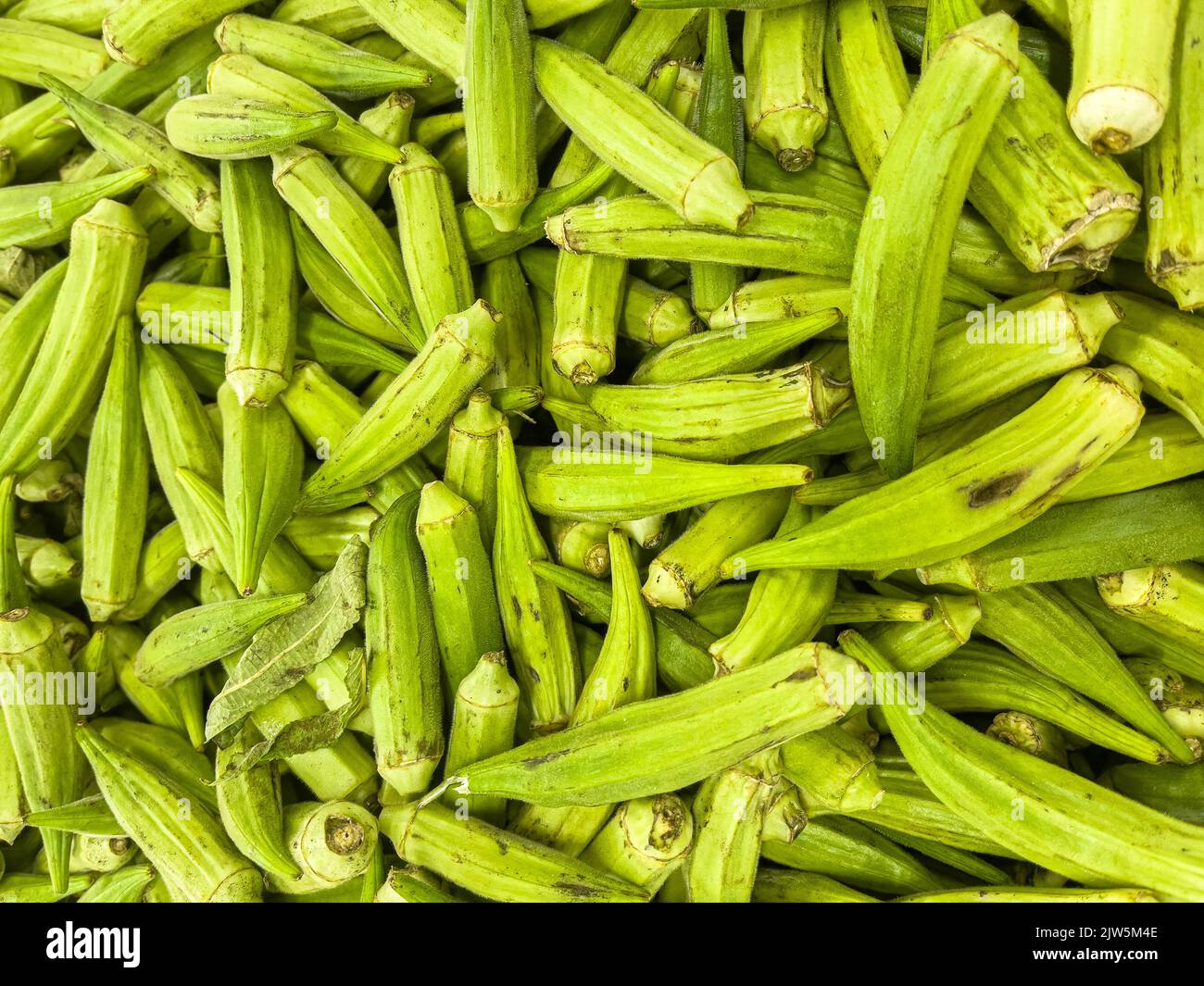 Organic fresh okra on dispay at supermarket Stock Photo