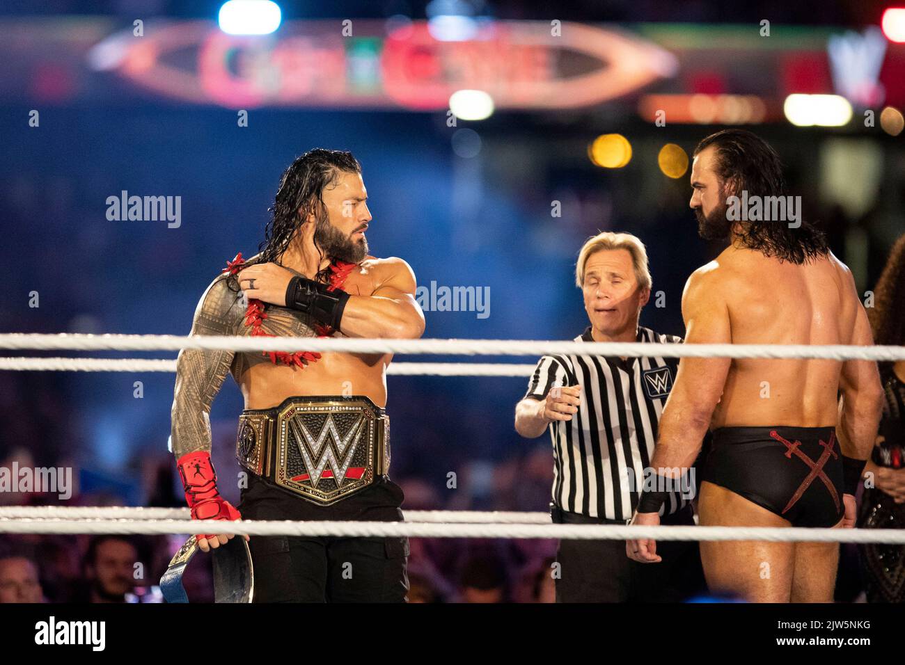 Cardiff, Wales, UK. 3rd Sep, 2022. Roman Reigns and Drew McIntyre during the WWE ‘Clash At The Castle' wrestling event at the Principality Stadium in Cardiff. Credit: Mark Hawkins/Alamy Live News Stock Photo