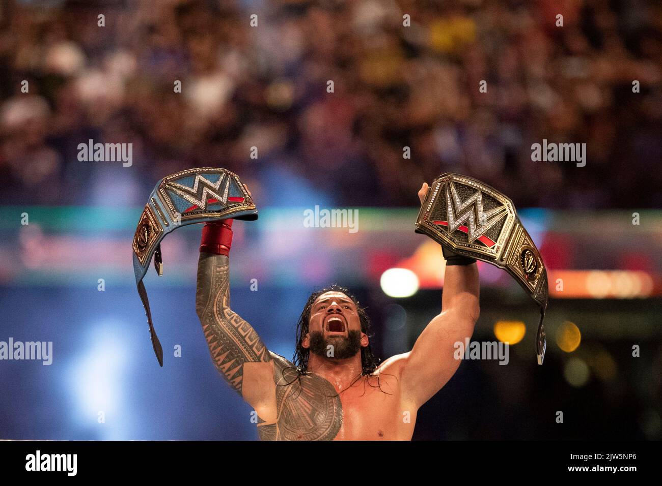 Cardiff, Wales, UK. 3rd Sep, 2022. Roman Reigns celebrates his win over Drew McIntyre during the WWE ‘Clash At The Castle' wrestling event at the Principality Stadium in Cardiff. Credit: Mark Hawkins/Alamy Live News Stock Photo