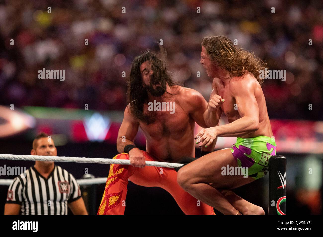 Cardiff, Wales, UK. 3rd Sep, 2022. Matt Riddle vs. Seth "Freakin" Rollins during the WWE ‘Clash At The Castle' wrestling event at the Principality Stadium in Cardiff. Credit: Mark Hawkins/Alamy Live News Stock Photo