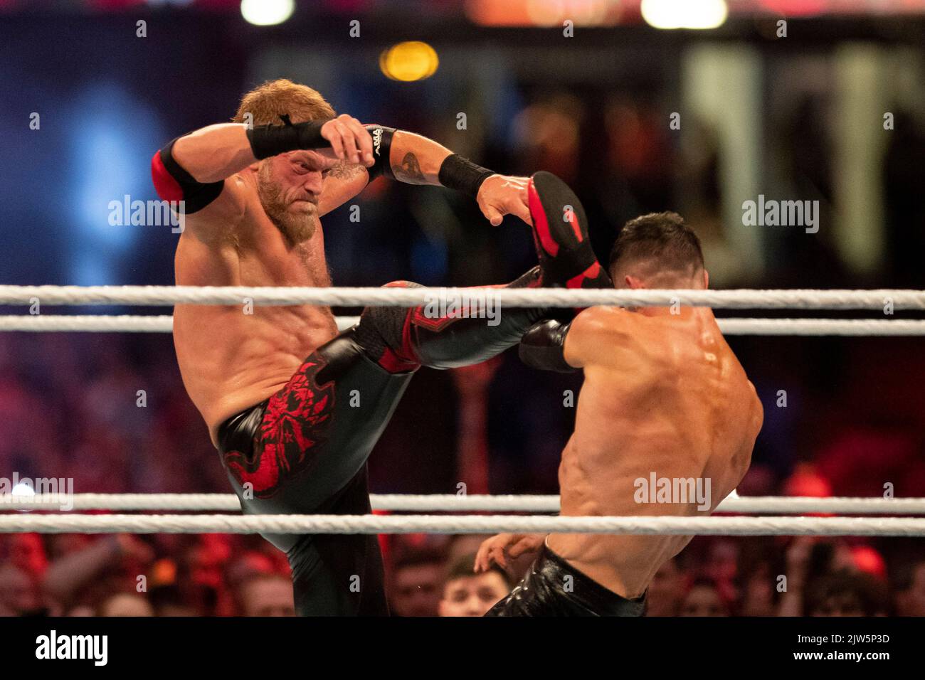 Cardiff, Wales, UK. 3rd Sep, 2022. Edge & Rey Mysterio vs. Finn Bálor & Damian Priest during the WWE ‘Clash At The Castle' wrestling event at the Principality Stadium in Cardiff. Credit: Mark Hawkins/Alamy Live News Stock Photo