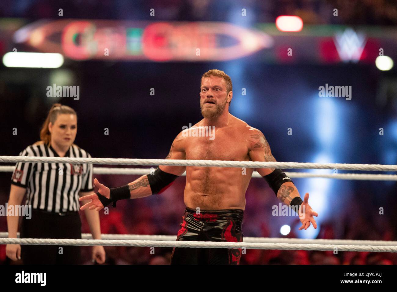 Cardiff, Wales, UK. 3rd Sep, 2022. Edge & Rey Mysterio vs. Finn Bálor & Damian Priest during the WWE ‘Clash At The Castle' wrestling event at the Principality Stadium in Cardiff. Credit: Mark Hawkins/Alamy Live News Stock Photo