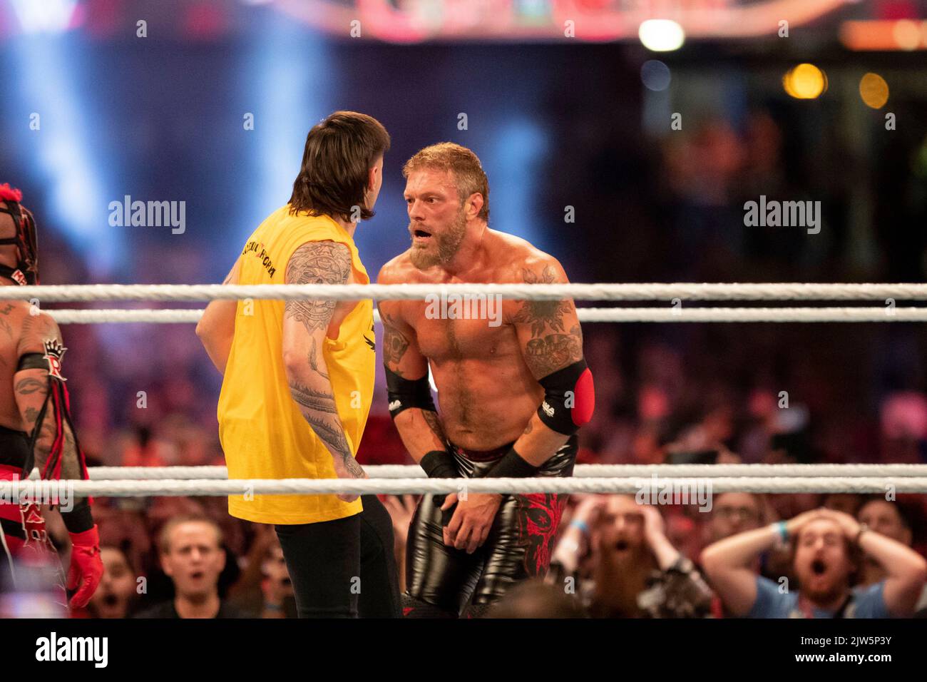 Cardiff, Wales, UK. 3rd Sep, 2022. Dominik betrays his father Rey after the Edge & Rey Mysterio vs. Finn Bálor & Damian Priest fight at the WWE ‘Clash At The Castle' wrestling event at the Principality Stadium in Cardiff. Credit: Mark Hawkins/Alamy Live News Stock Photo