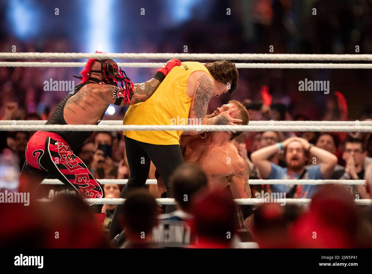 Cardiff, Wales, UK. 3rd Sep, 2022. Dominik betrays his father Rey after the Edge & Rey Mysterio vs. Finn Bálor & Damian Priest fight at the WWE ‘Clash At The Castle' wrestling event at the Principality Stadium in Cardiff. Credit: Mark Hawkins/Alamy Live News Stock Photo