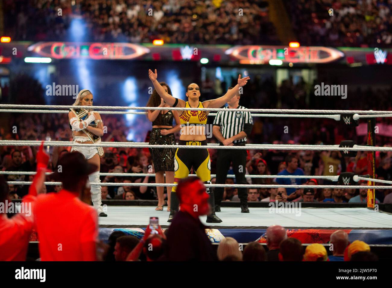 Cardiff, Wales, UK. 3rd Sep, 2022. Liv Morgan vs. Shayna Baszler during the WWE ‘Clash At The Castle' wrestling event at the Principality Stadium in Cardiff. Credit: Mark Hawkins/Alamy Live News Stock Photo