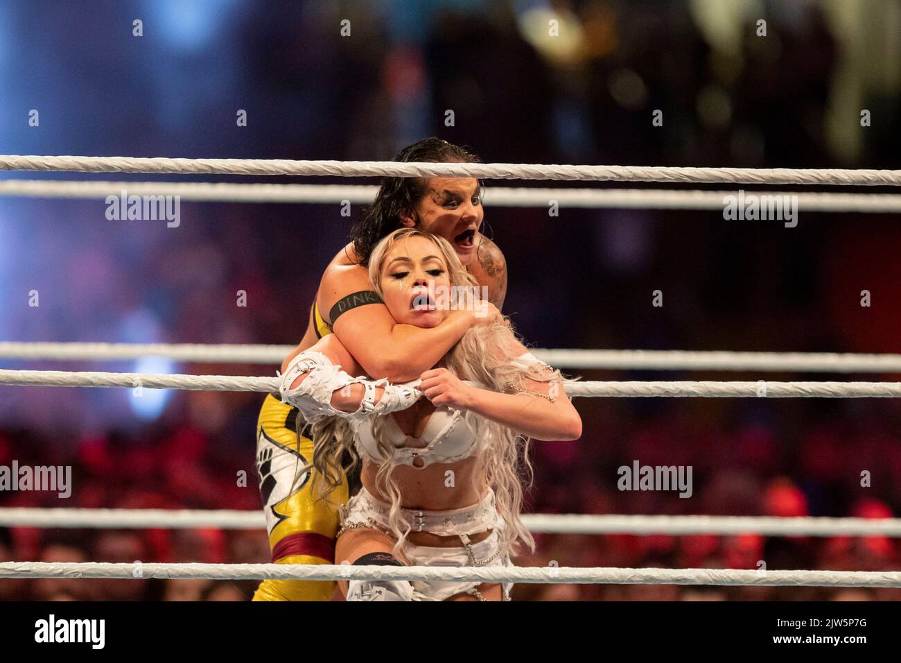 Cardiff, Wales, UK. 3rd Sep, 2022. Liv Morgan vs. Shayna Baszler during the WWE ‘Clash At The Castle' wrestling event at the Principality Stadium in Cardiff. Credit: Mark Hawkins/Alamy Live News Stock Photo