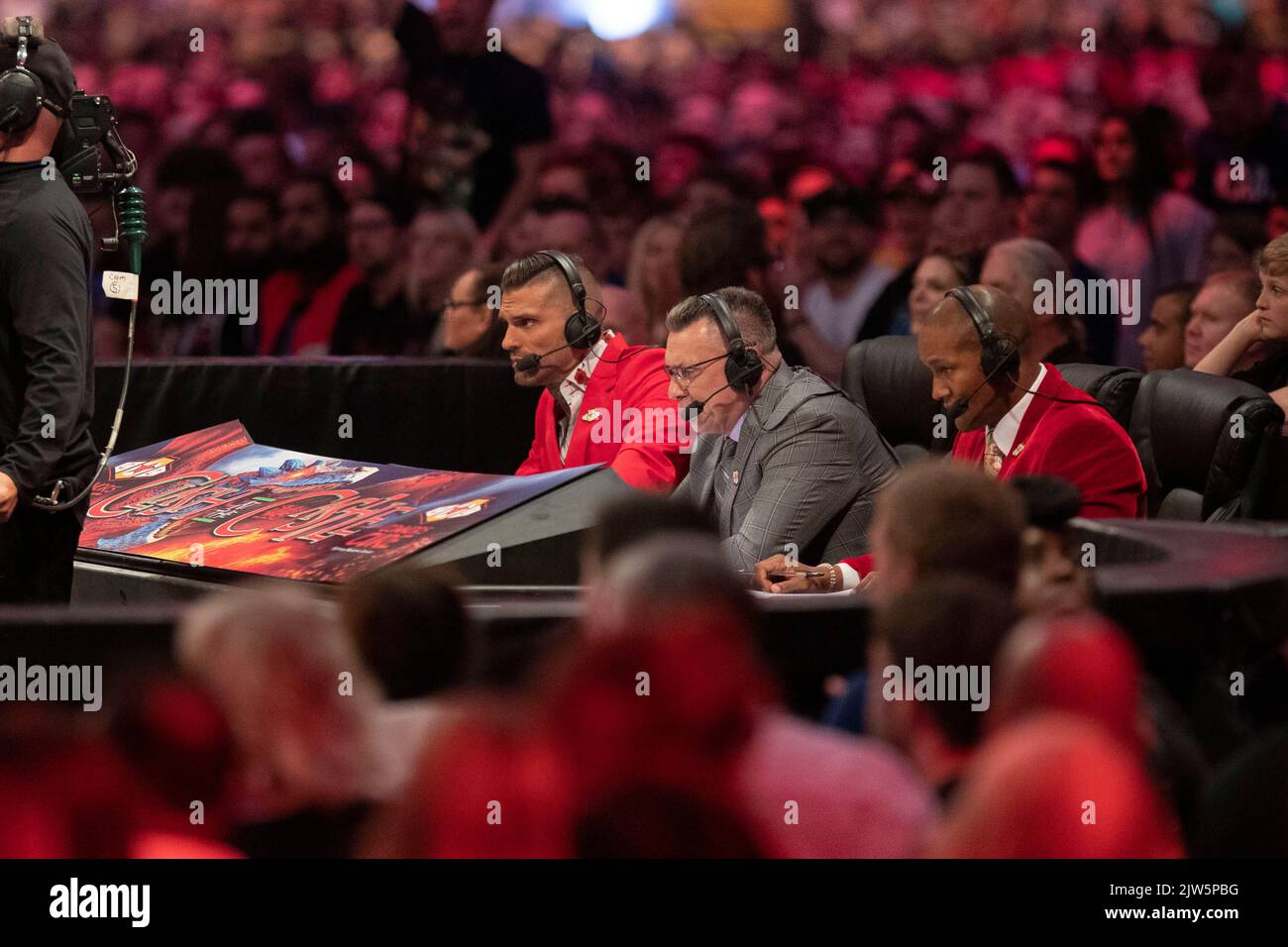 Cardiff, Wales, UK. 3rd Sep, 2022. Commentators during the Gunther vs. Sheamus Intercontinental Title Match during the WWE ‘Clash At The Castle' wrestling event at the Principality Stadium in Cardiff. Credit: Mark Hawkins/Alamy Live News Stock Photo