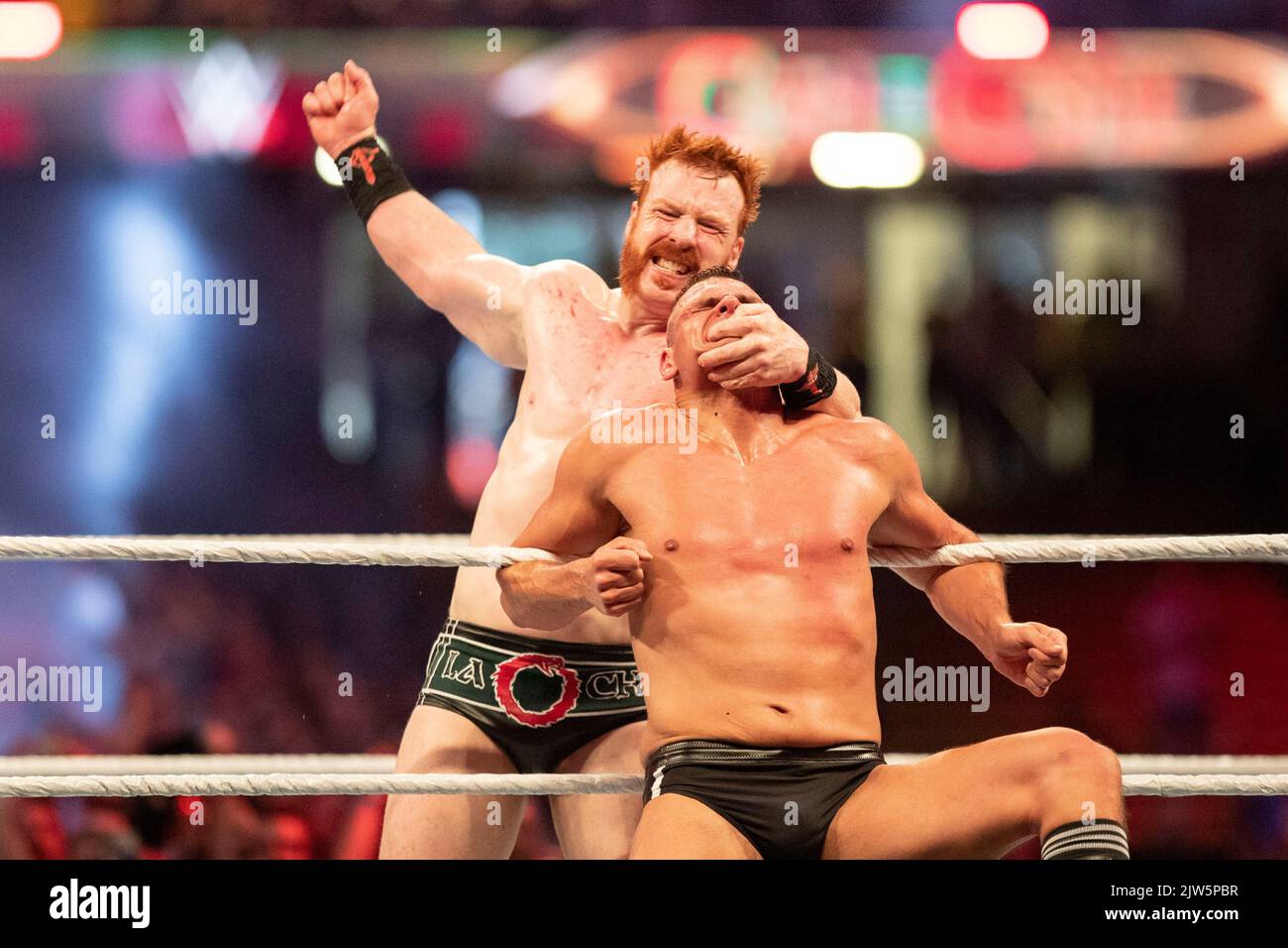 Cardiff, Wales, UK. 3rd Sep, 2022. Gunther vs. Sheamus Intercontinental Title Match during the WWE ‘Clash At The Castle' wrestling event at the Principality Stadium in Cardiff. Credit: Mark Hawkins/Alamy Live News Stock Photo