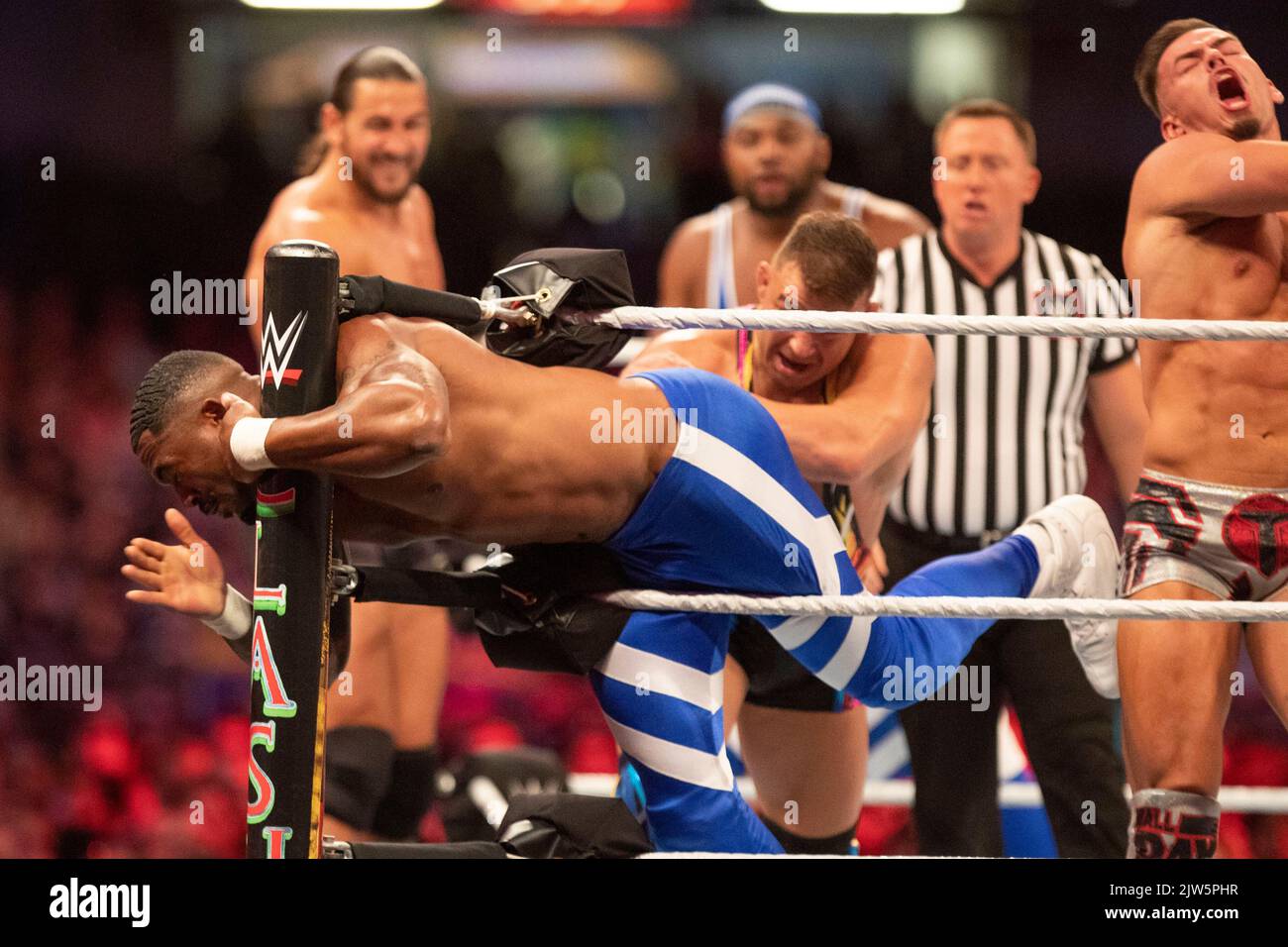 Cardiff, Wales, UK. 3rd Sep, 2022. Madcap Moss & The Street Profits vs. Theory & The Alpha Academy during the WWE ‘Clash At The Castle' wrestling event at the Principality Stadium in Cardiff. Credit: Mark Hawkins/Alamy Live News Stock Photo