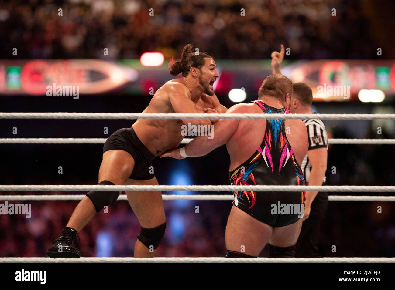 Cardiff, Wales, UK. 3rd Sep, 2022. Madcap Moss & The Street Profits vs. Theory & The Alpha Academy during the WWE ‘Clash At The Castle' wrestling event at the Principality Stadium in Cardiff. Credit: Mark Hawkins/Alamy Live News Stock Photo