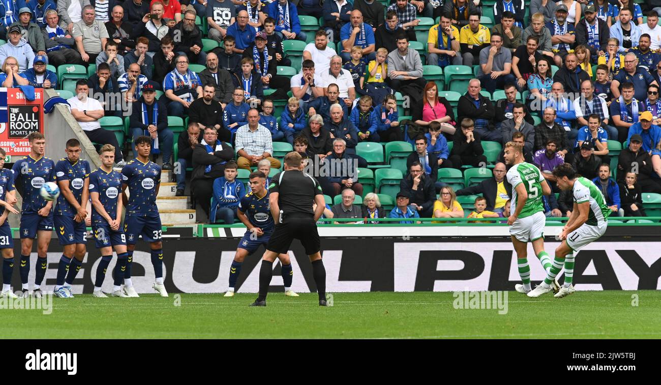 Easter Road Stadium Edinburgh.Scotland.UK.3rd Sept 22 Hibs v Kilmarnock Cinch Premiership Match Hibs Joe Newell's free kick rebounds from the Killie defence for the for the winger to score the winning goal from the rebound. Credit: eric mccowat/Alamy Live News Stock Photo