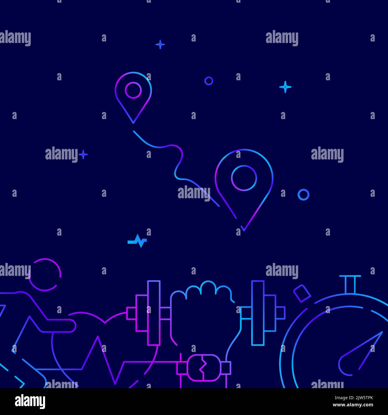 Walking route, jogging gradient line vector icon, simple illustration on a dark blue background, fitness related bottom border. Stock Vector