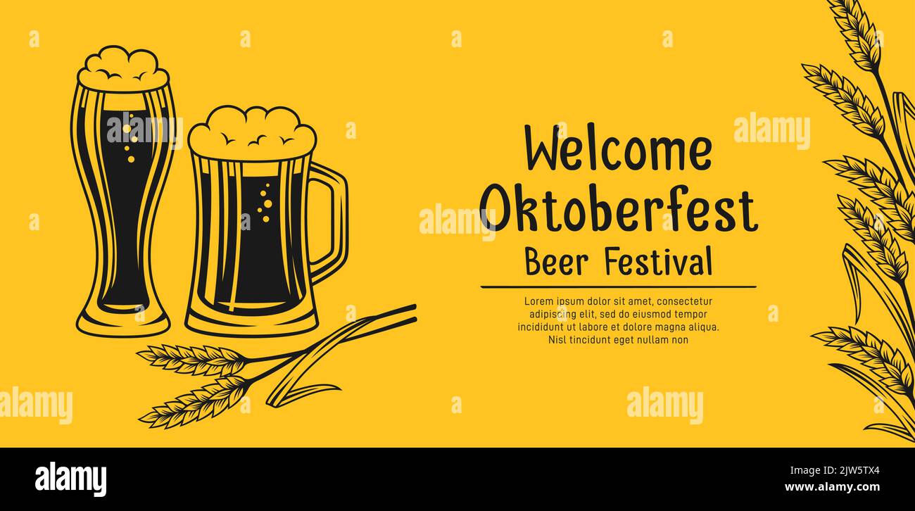 Welcome banner Beer festival Oktoberfest. Vintage advertisement poster template card glass cup and wheat ear. Retro design alcohol bar craft background, brewing restaurant menu, invitation party Stock Vector