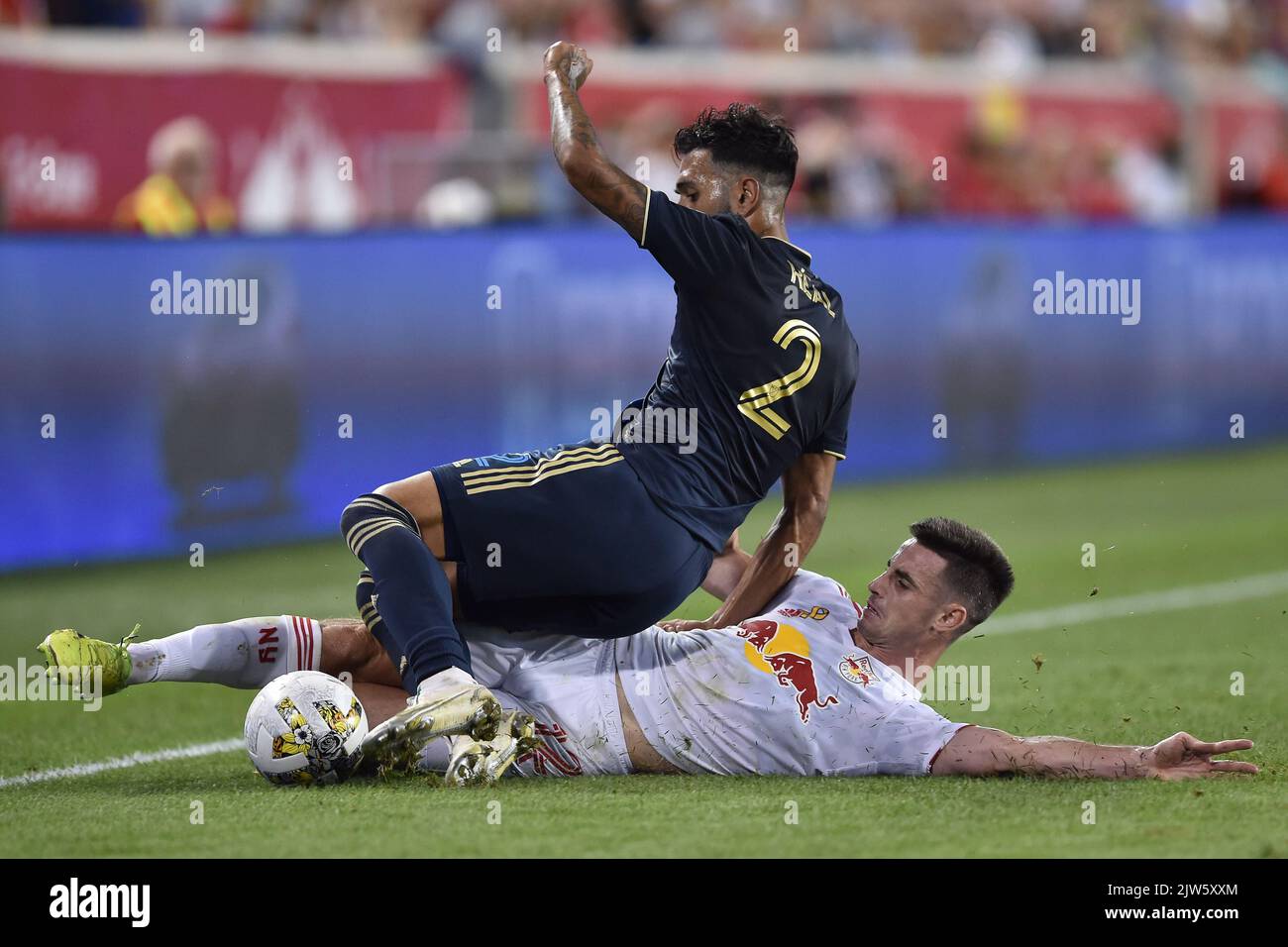 Harrison, New Jersey, USA. 3rd Sep, 2022. Philadelphia Union defender  MATTHEW REAL (2) and New York Red Bulls defender DYLAN NEALIS (12) action  at Red Bull Arena in Harrison New Jersey Philadelphia