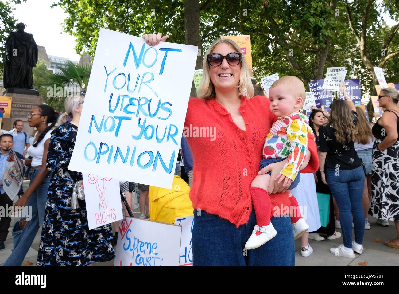 London, UK, 3rd September, 2022. Women's pro-choice activists assembled on Parliament Square in a counter protest against the annual March for Life event, attended by Evangelical Christians and Catholics amongst others, who oppose abortion, believing life begins from conception. Pro-choice groups say the overturning of Roe v Wade has emboldened anti-abortionists. Credit: Eleventh Hour Photography/Alamy Live News. Stock Photo