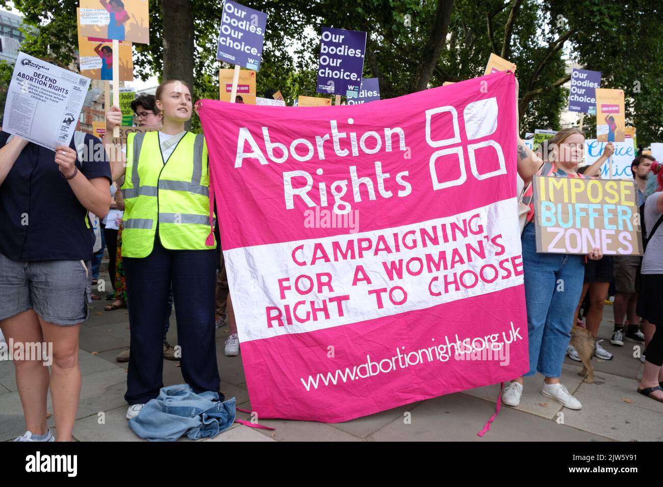 London, UK, 3rd September, 2022. Women's pro-choice activists assembled on Parliament Square in a counter protest against the annual March for Life event, attended by Evangelical Christians and Catholics amongst others, who oppose abortion, believing life begins from conception. Pro-choice groups say the overturning of Roe v Wade has emboldened anti-abortionists. Credit: Eleventh Hour Photography/Alamy Live News. Stock Photo