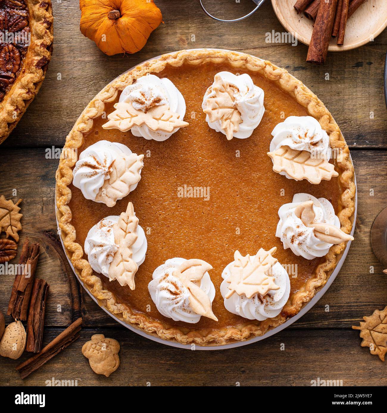 Traditional Thanksgiving pumpkin pie topped with whipped cream Stock Photo