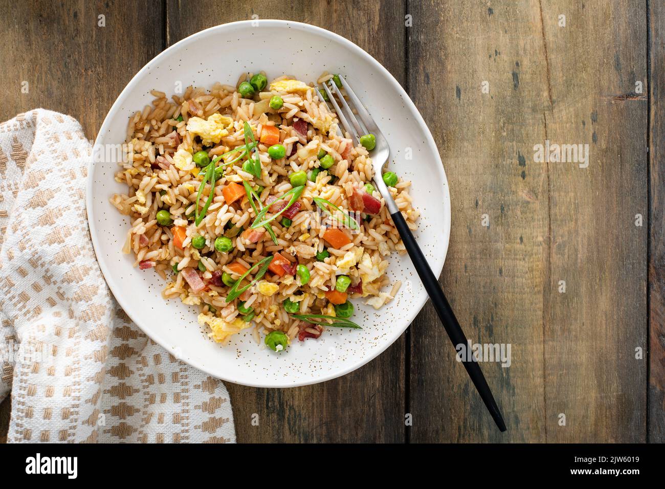 Breakfast fried rice with eggs and bacon Stock Photo