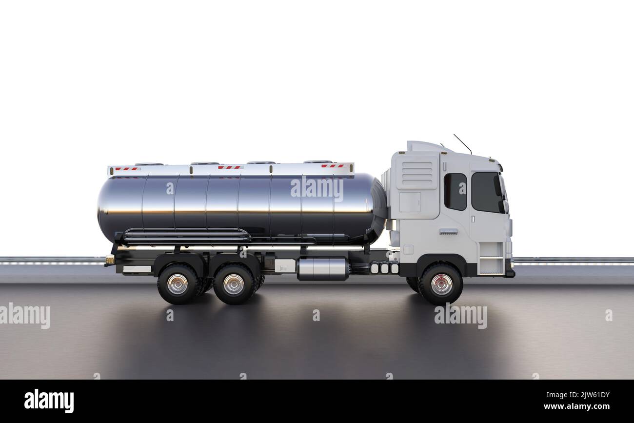 3d rendering logistic oil tank semi trailer truck or lorry on highway road with white background Stock Photo