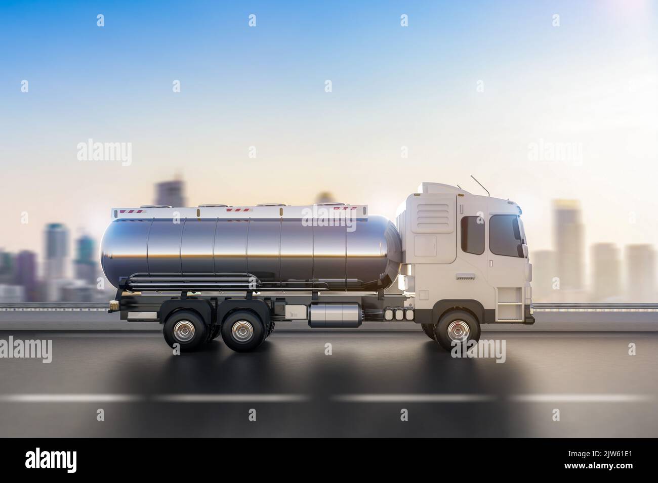 3d rendering logistic oil tank semi trailer truck or lorry on highway road Stock Photo