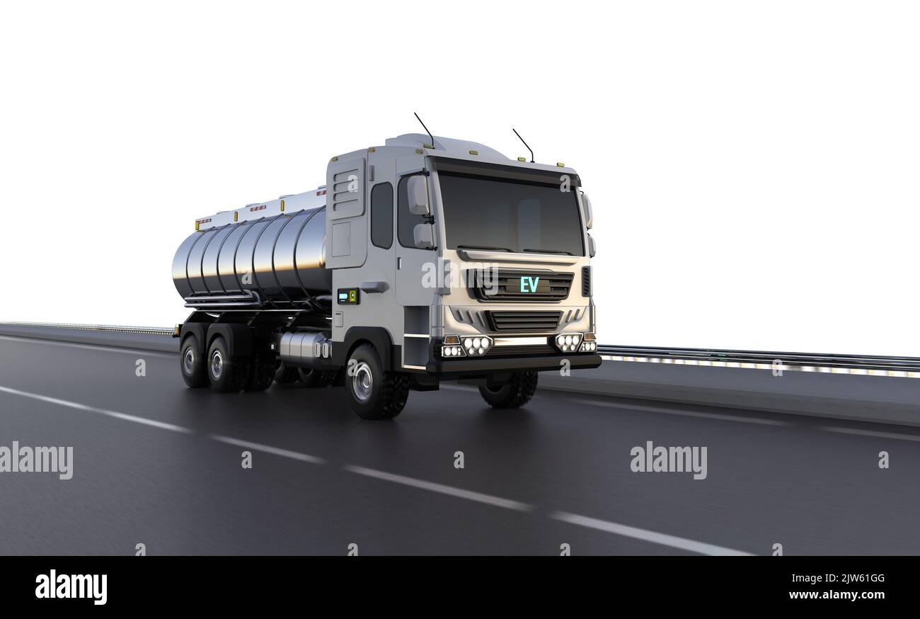 3d rendering ev logistic oil tank semi trailer truck or lorry on highway road with white background Stock Photo