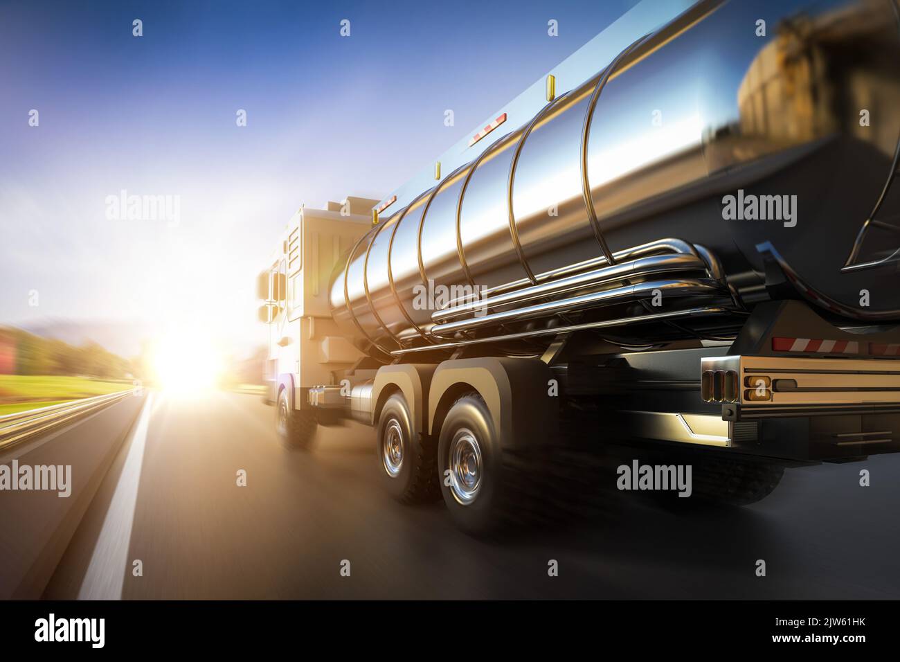 3d rendering logistic oil tank semi trailer truck or lorry on highway road Stock Photo