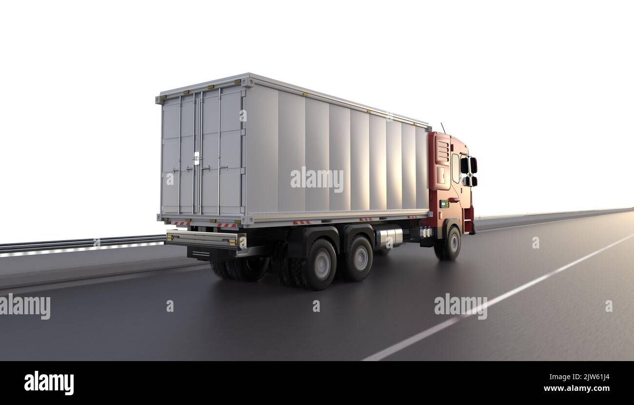 3d rendering ev logistic van trailer truck or lorry on highway with white background Stock Photo