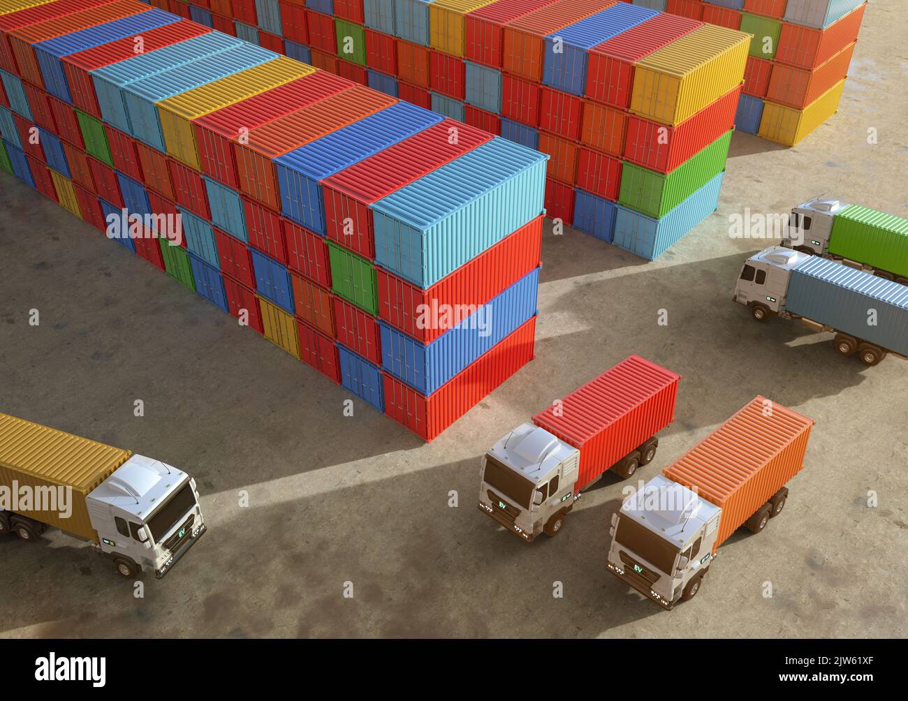 3d rendering ev logistic trailer trucks or electric vehicle lorries at container terminal Stock Photo