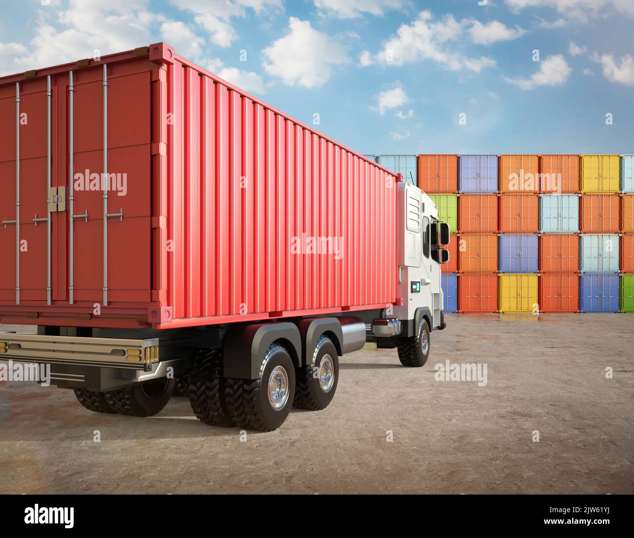 3d rendering red logistic trailer truck or electric vehicle lorry at container terminal Stock Photo