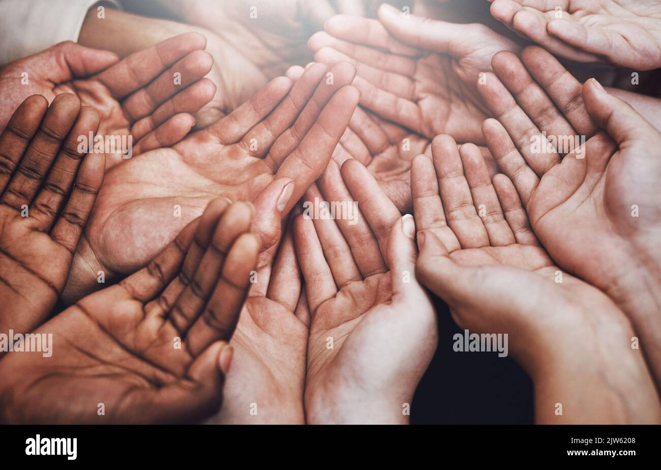 One hand washes the other. a group of hands held cupped out together