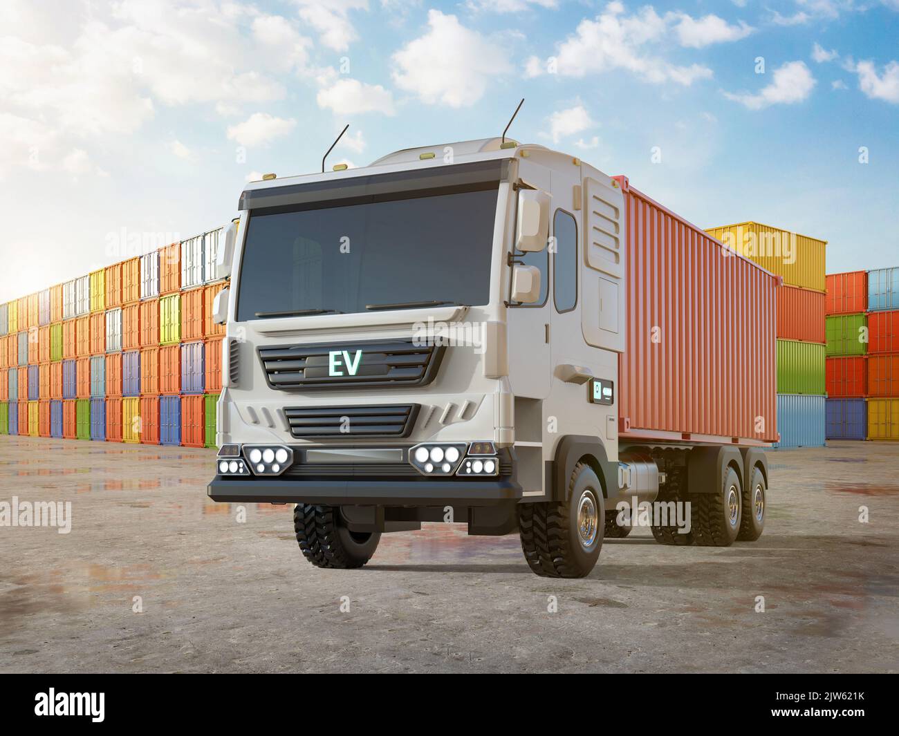 3d rendering ev logistic trailer truck or electric vehicle lorry at container terminal Stock Photo