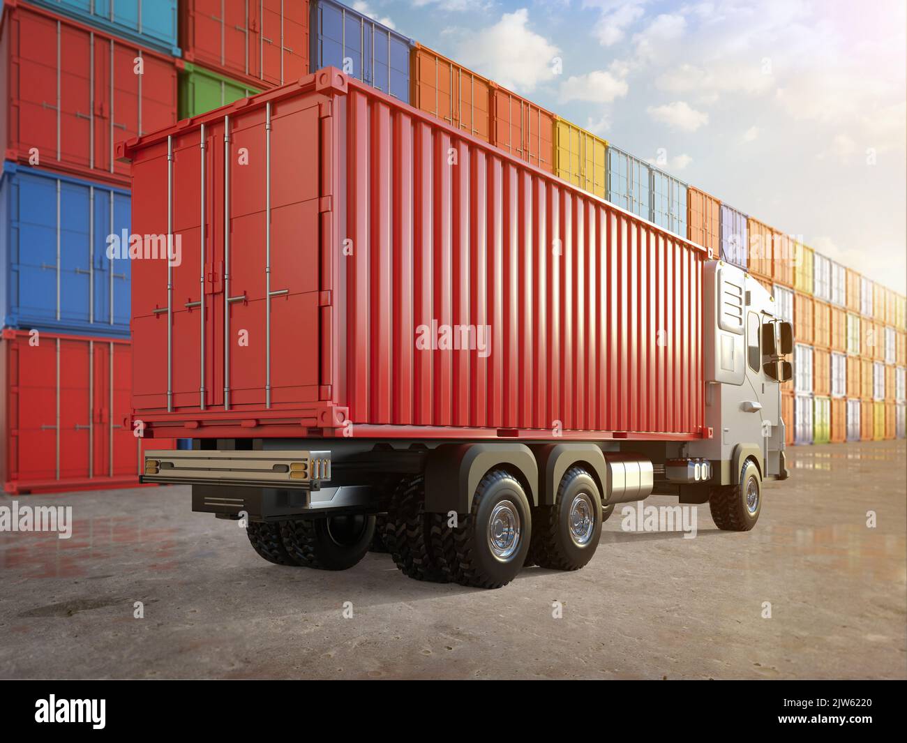 3d rendering red logistic trailer truck or electric vehicle lorry at container terminal Stock Photo